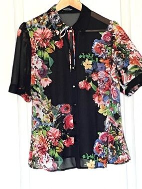 Sana Linea Ellegance Sheer Floral Tie Neck Blouse XL Black Mesh Puff Sleeve Top
